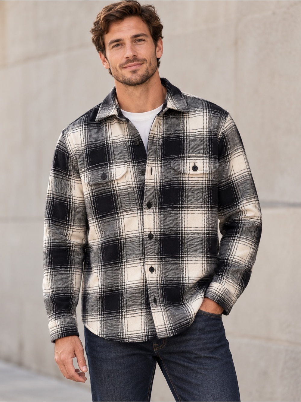 Frank and Oak XXL Black White Buffalo Plaid Flannel Shacket